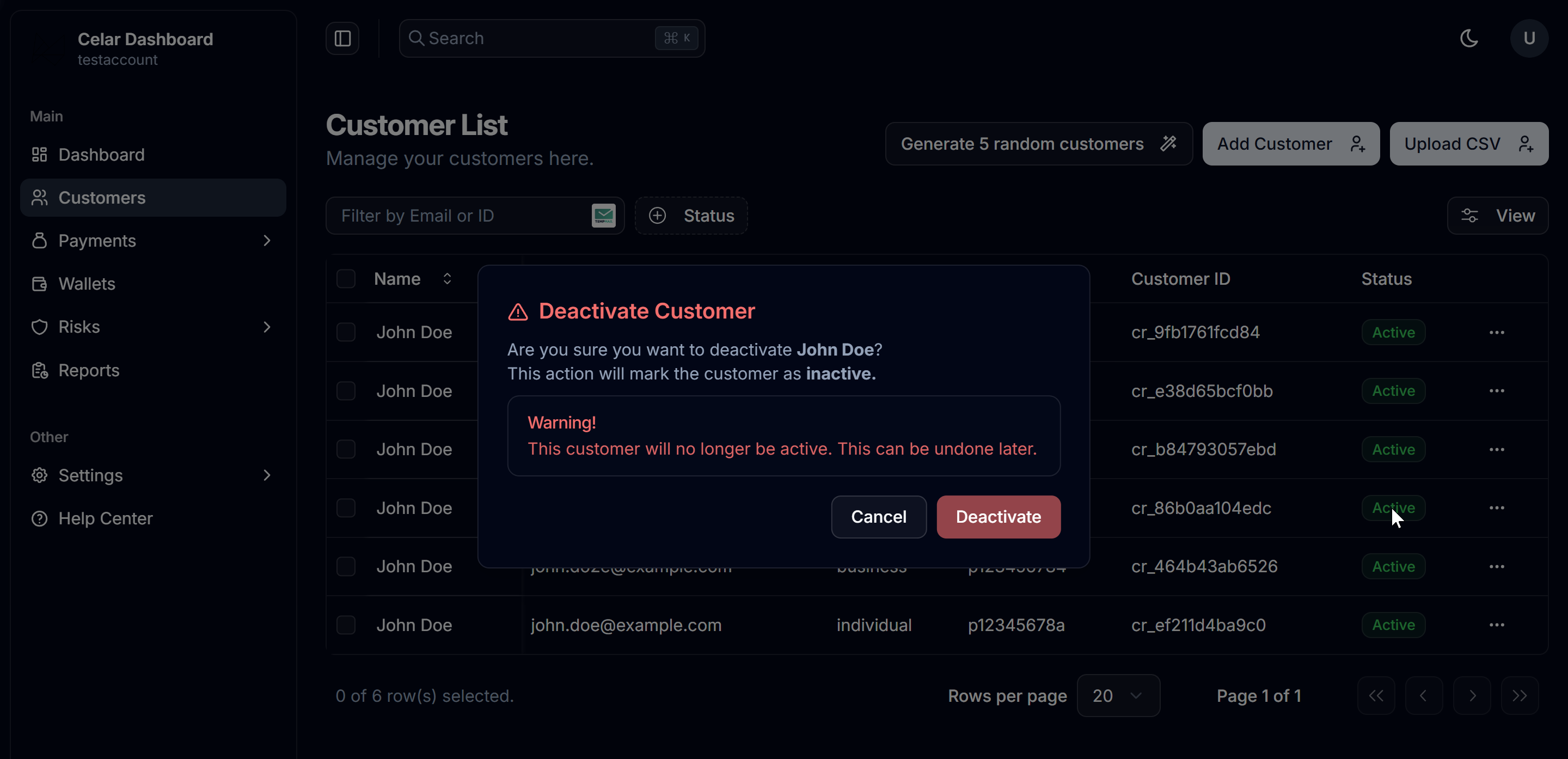 Deactivate customer UI