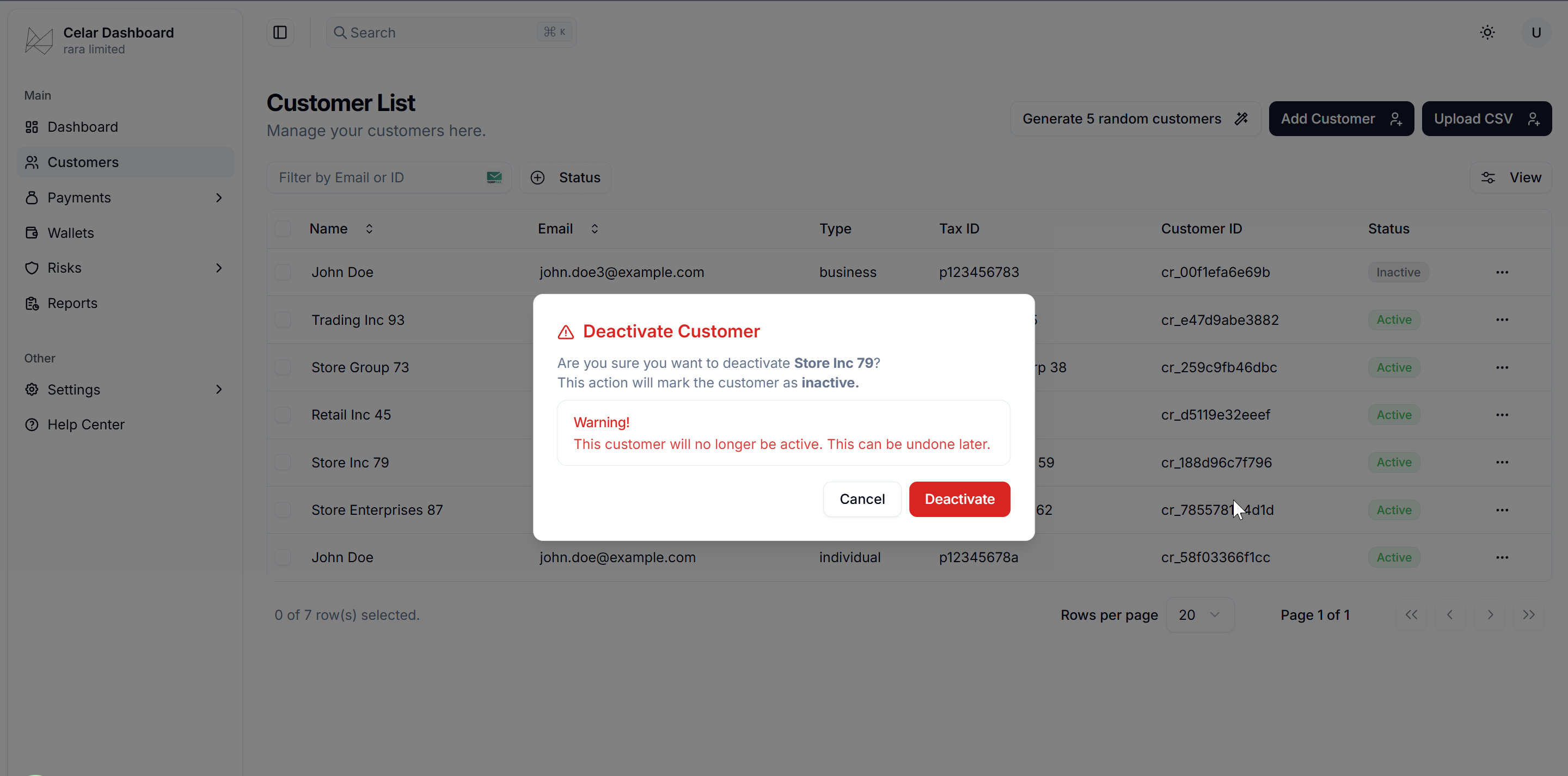 Deactivate customer UI