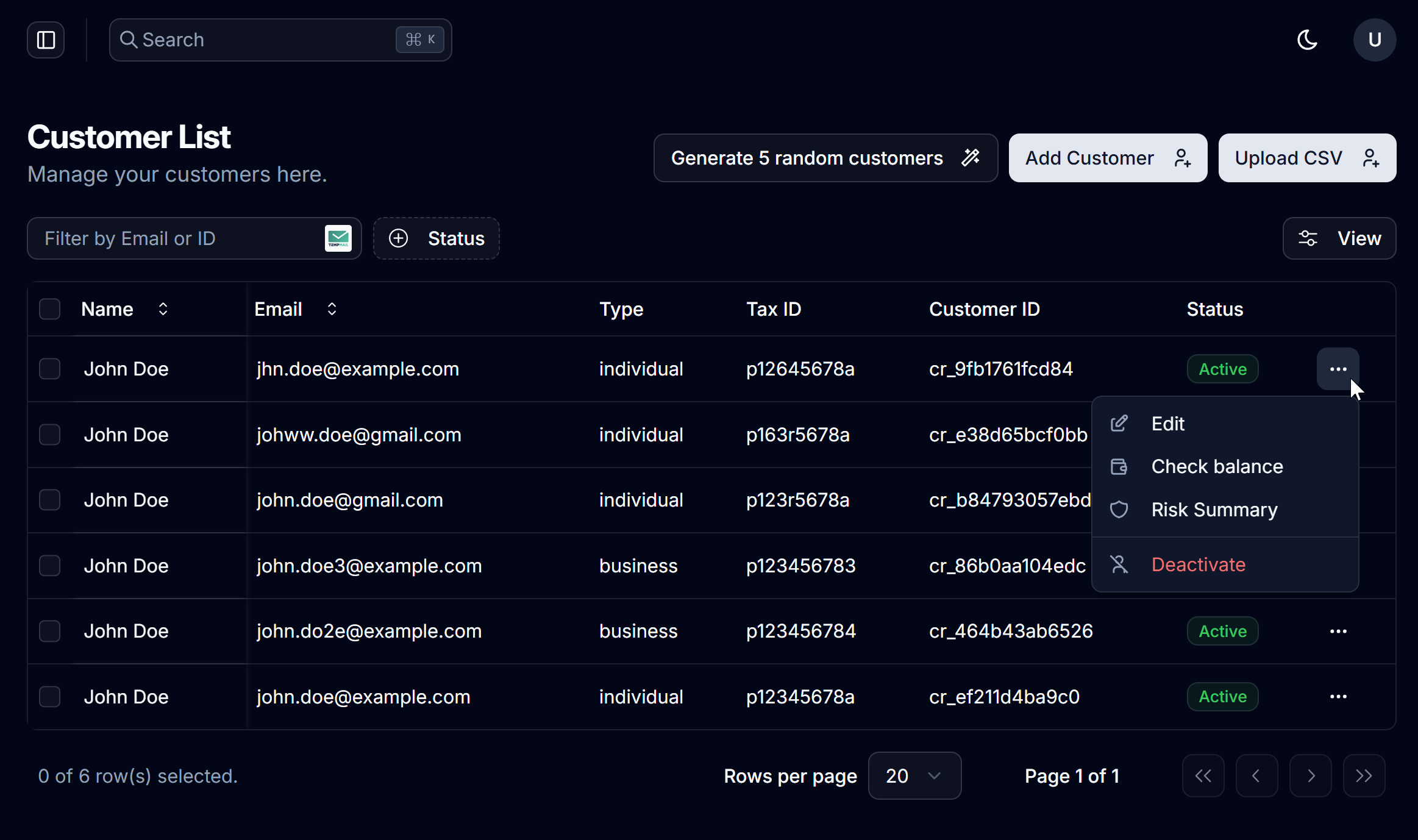 Customer actions menu