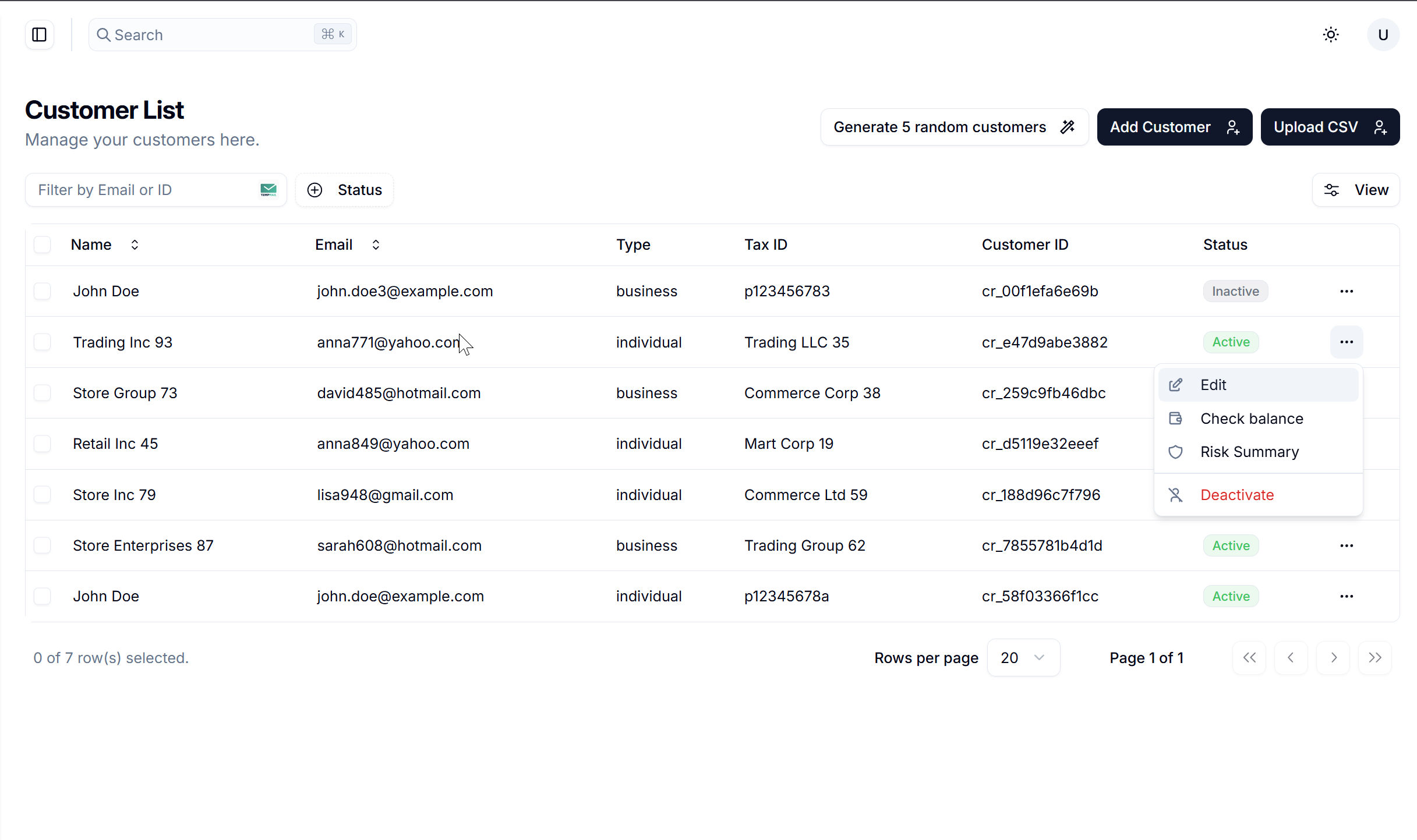 Customer actions menu